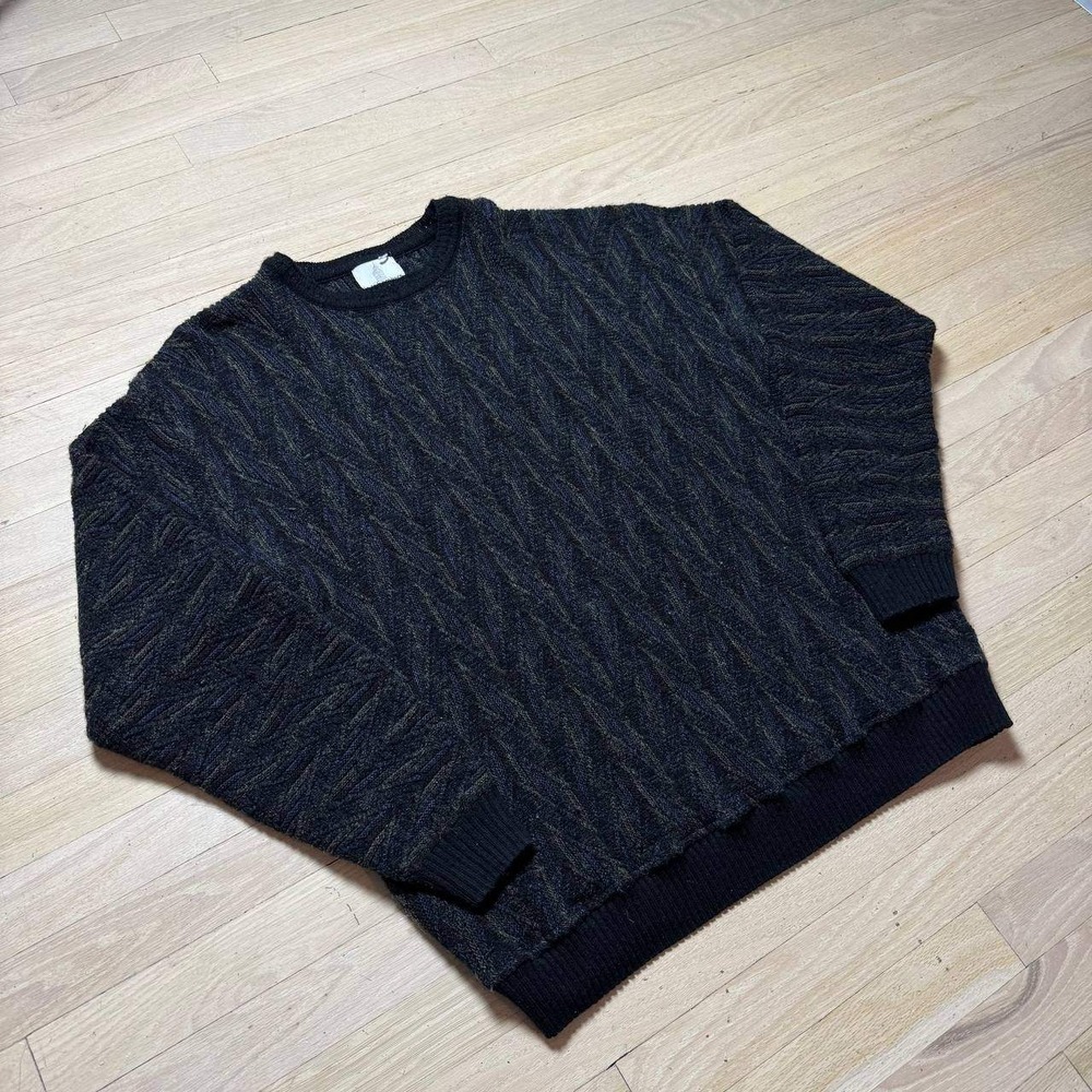 London Fog Mens Large Textured Knit Crewneck Sweater Black Blue Green 44 L/G